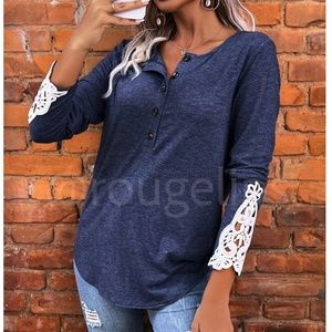 Rouge! Navy Blue Long Sleeve Top with Lace Cuffs